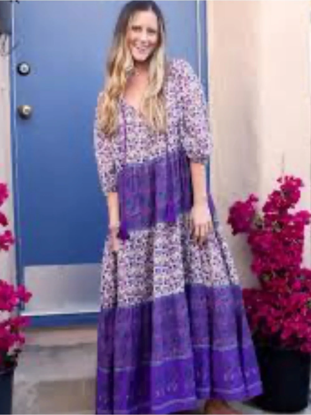 Natural Life Boho Maxi Dress S Purple Floral Tiered Tassel Cotton Cottagecore - Picture 4 of 10